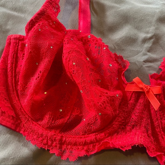 NWOT LIMITED EDITION vs dream angels red rhinestone unlined lace demi bra - Picture 3 of 8